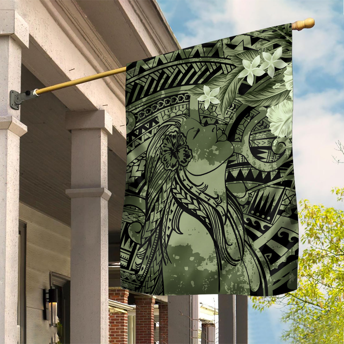 Pacific Beauty Girl Garden Flag Green Polyneisan Tribal Vintage Motif LT9 House Flag Green - Polynesian Pride