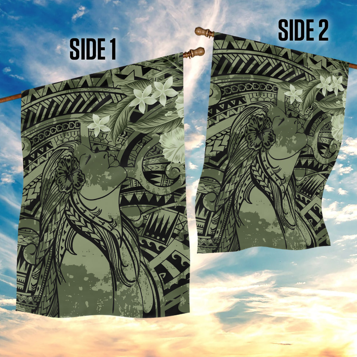 Pacific Beauty Girl Garden Flag Green Polyneisan Tribal Vintage Motif LT9 - Polynesian Pride