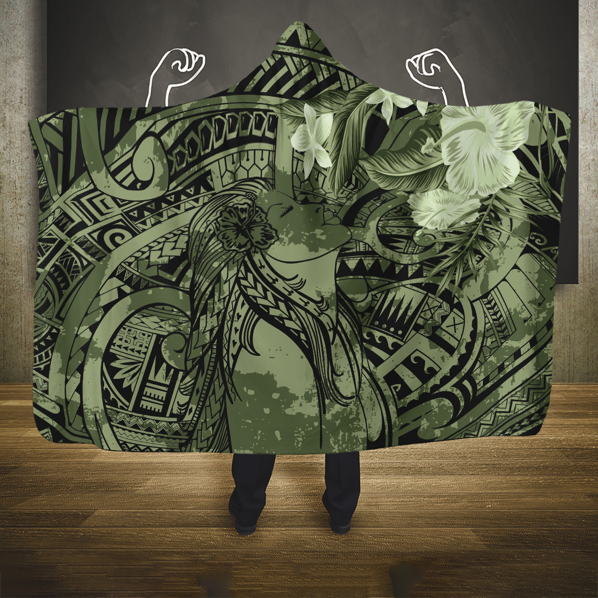 Pacific Beauty Girl Hooded Blanket Green Polyneisan Tribal Vintage Motif LT9 One Size Green - Polynesian Pride