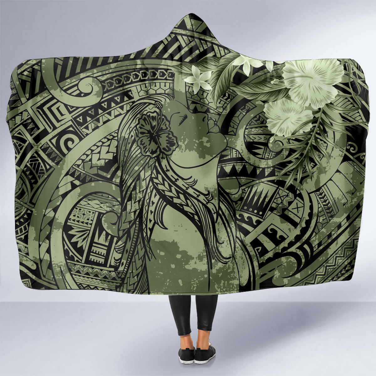 Pacific Beauty Girl Hooded Blanket Green Polyneisan Tribal Vintage Motif LT9 - Polynesian Pride
