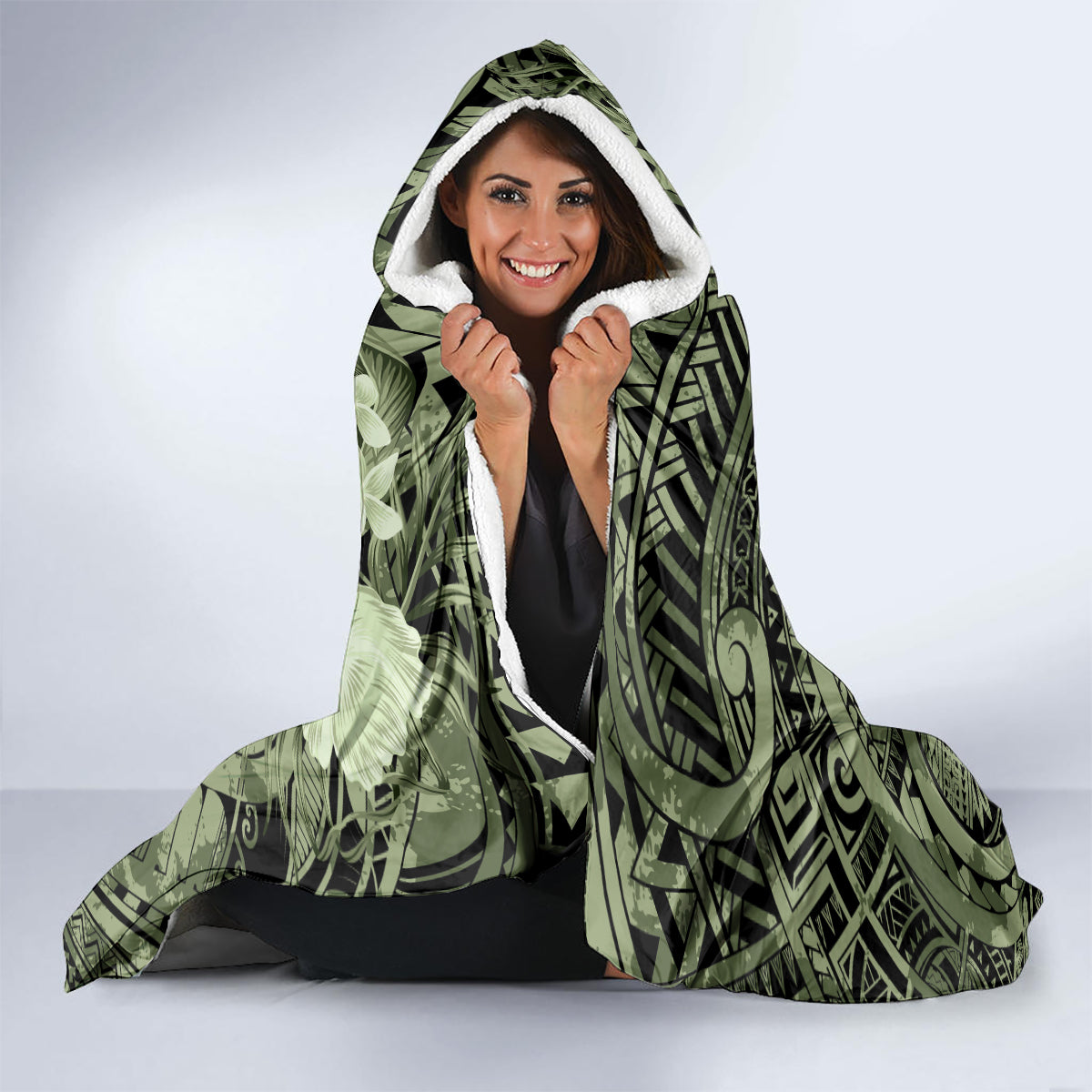 Pacific Beauty Girl Hooded Blanket Green Polyneisan Tribal Vintage Motif LT9 - Polynesian Pride