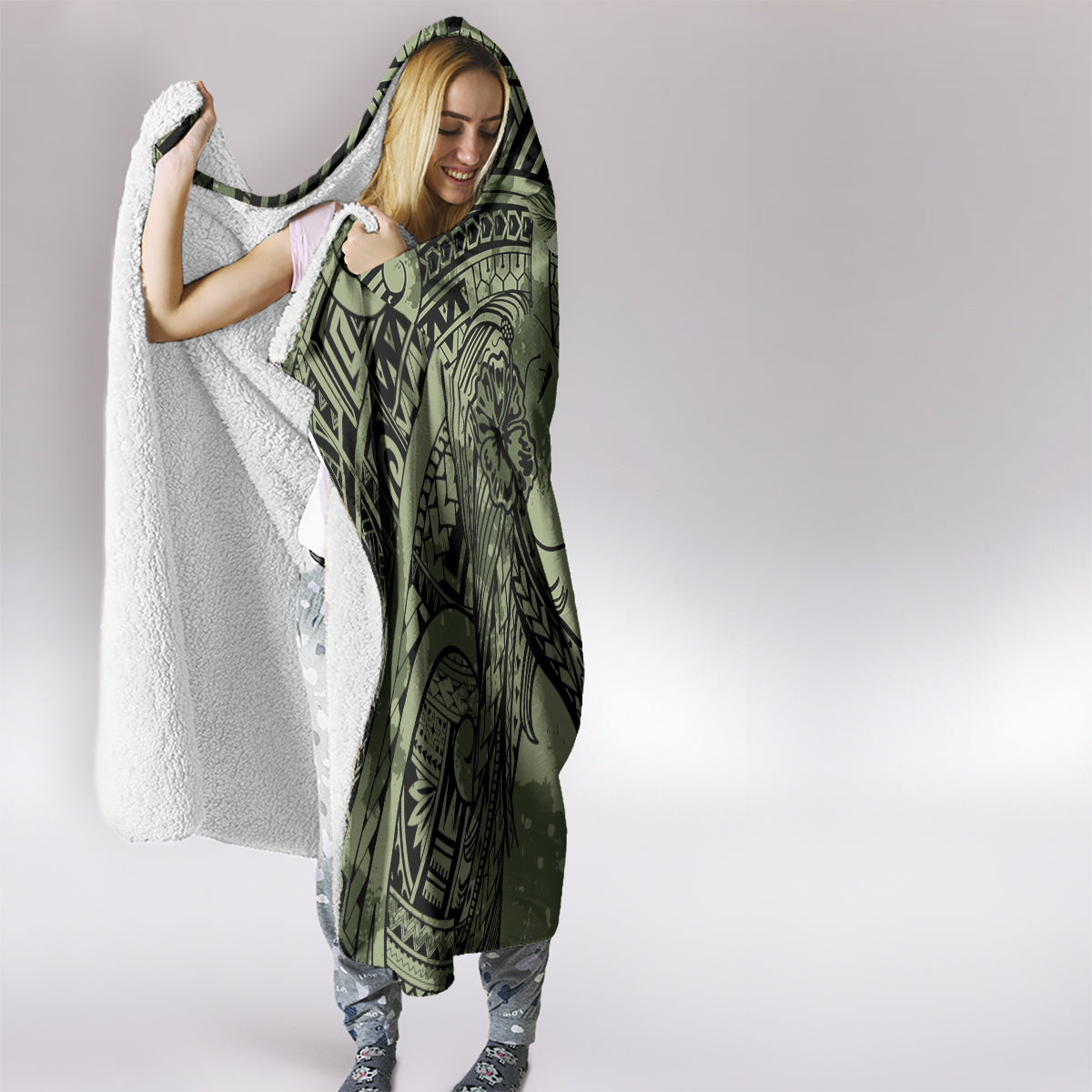 Pacific Beauty Girl Hooded Blanket Green Polyneisan Tribal Vintage Motif LT9 - Polynesian Pride