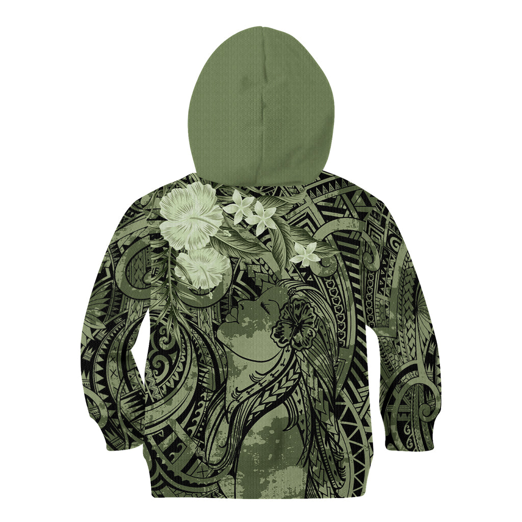 Pacific Beauty Girl Kid Hoodie Green Polyneisan Tribal Vintage Motif LT9 - Polynesian Pride
