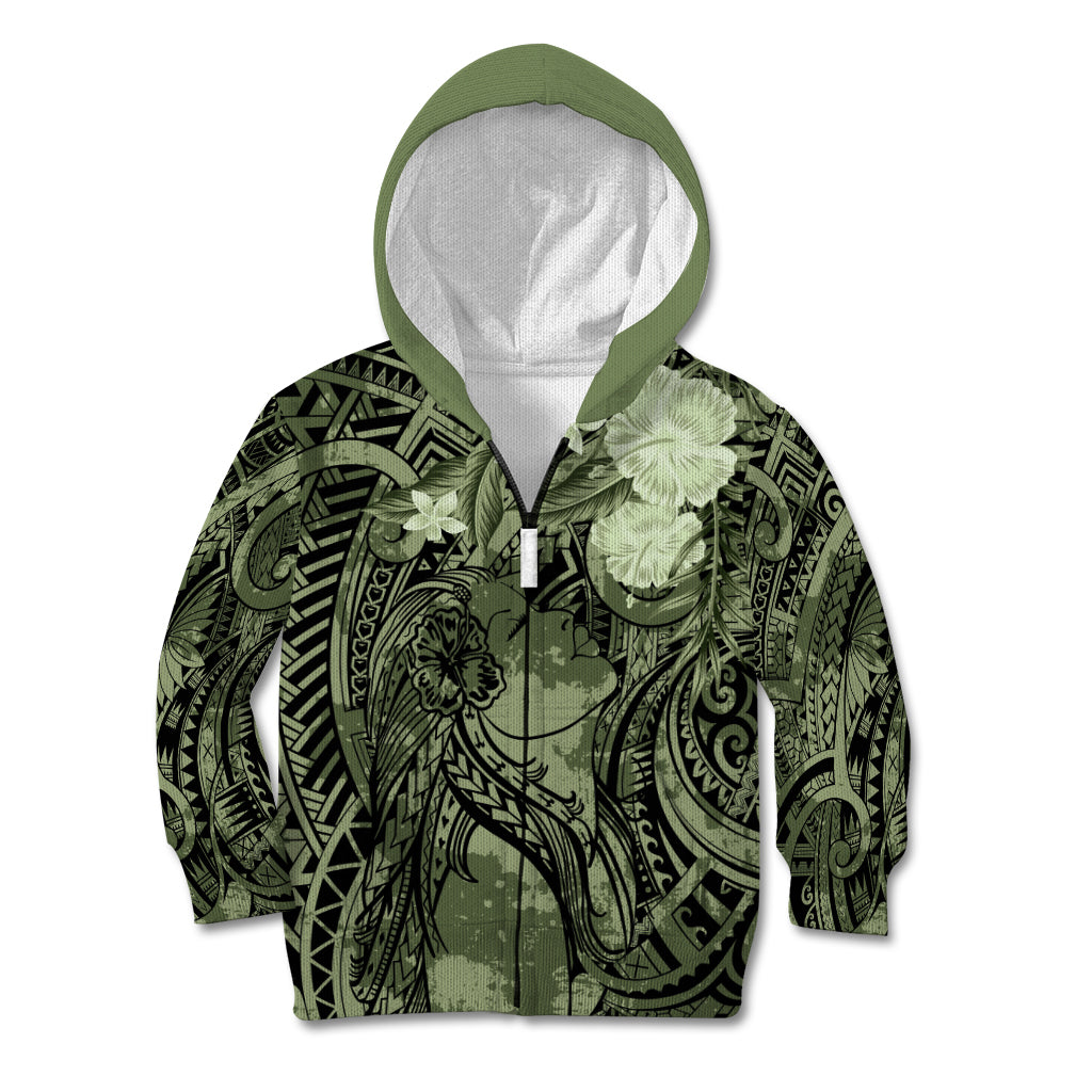 Pacific Beauty Girl Kid Hoodie Green Polyneisan Tribal Vintage Motif LT9 Zip Hoodie Green - Polynesian Pride