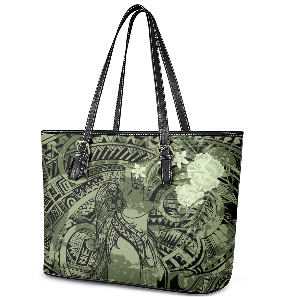 Pacific Beauty Girl Leather Tote Bag Green Polyneisan Tribal Vintage Motif LT9 - Polynesian Pride