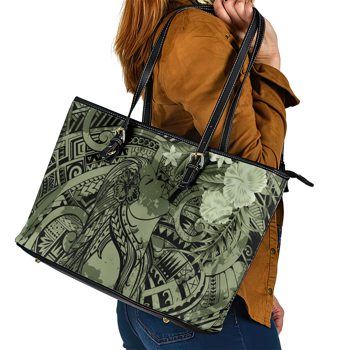 Pacific Beauty Girl Leather Tote Bag Green Polyneisan Tribal Vintage Motif LT9 - Polynesian Pride