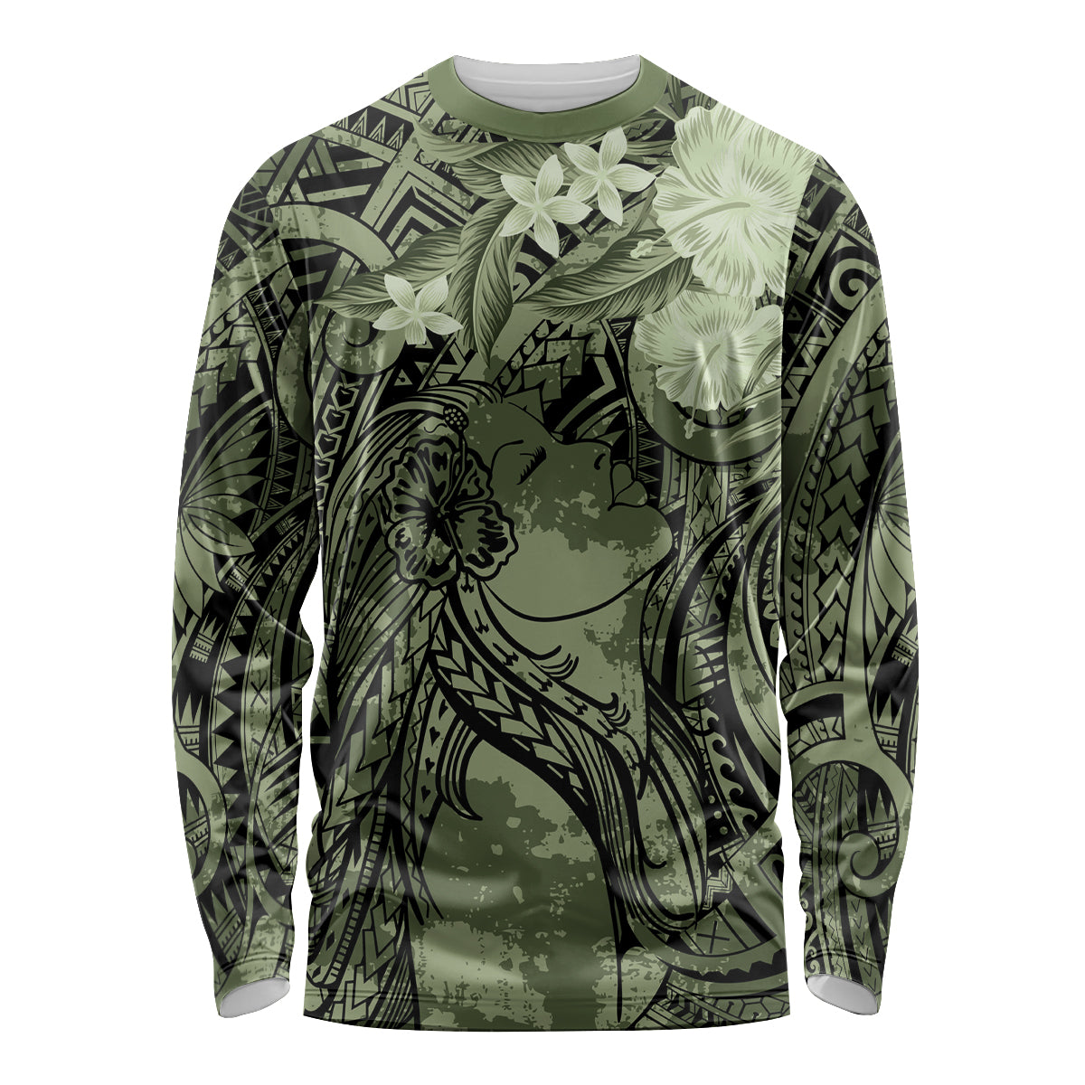 Pacific Beauty Girl Long Sleeve Shirt Green Polyneisan Tribal Vintage Motif LT9 Unisex Green - Polynesian Pride