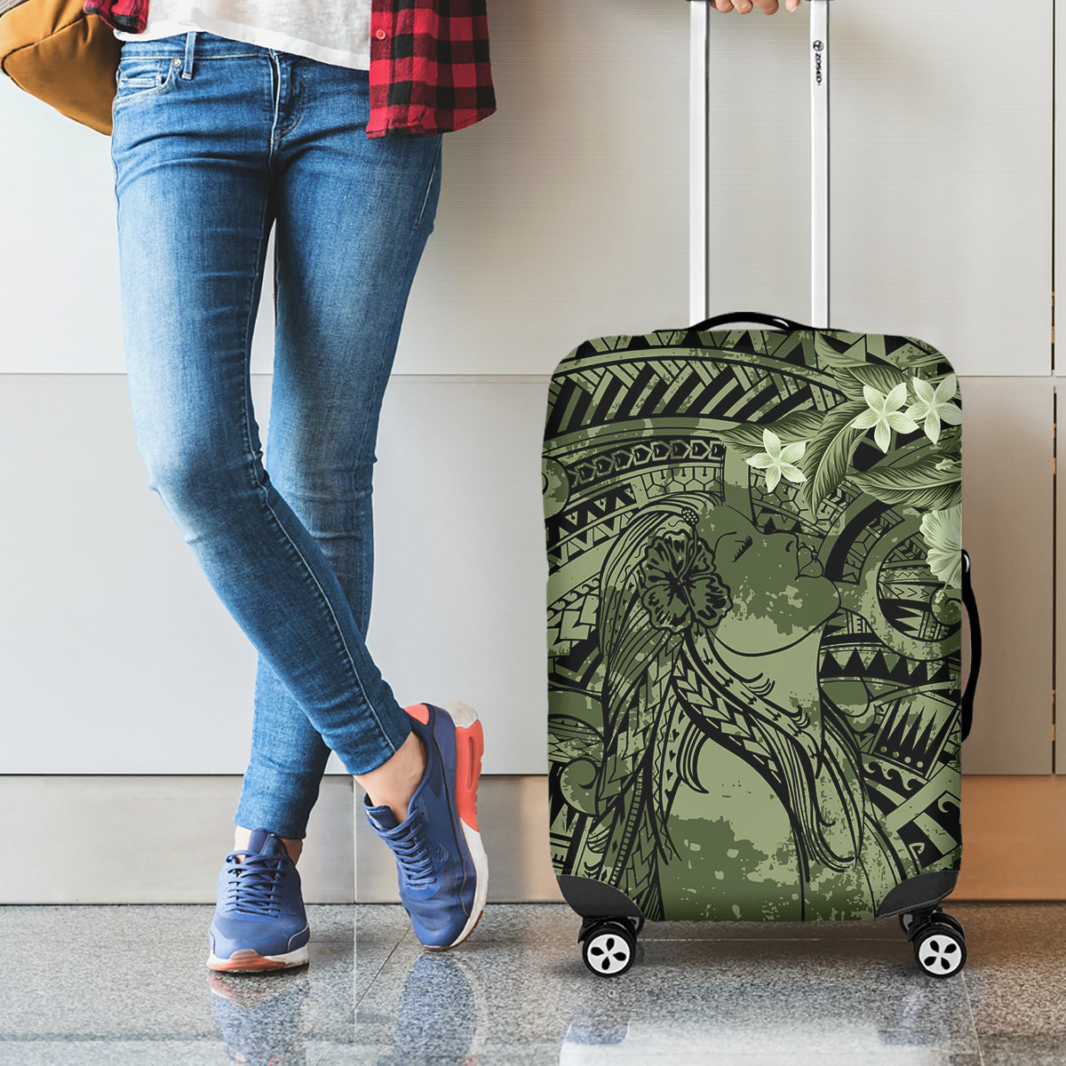 Pacific Beauty Girl Luggage Cover Green Polyneisan Tribal Vintage Motif LT9 - Polynesian Pride