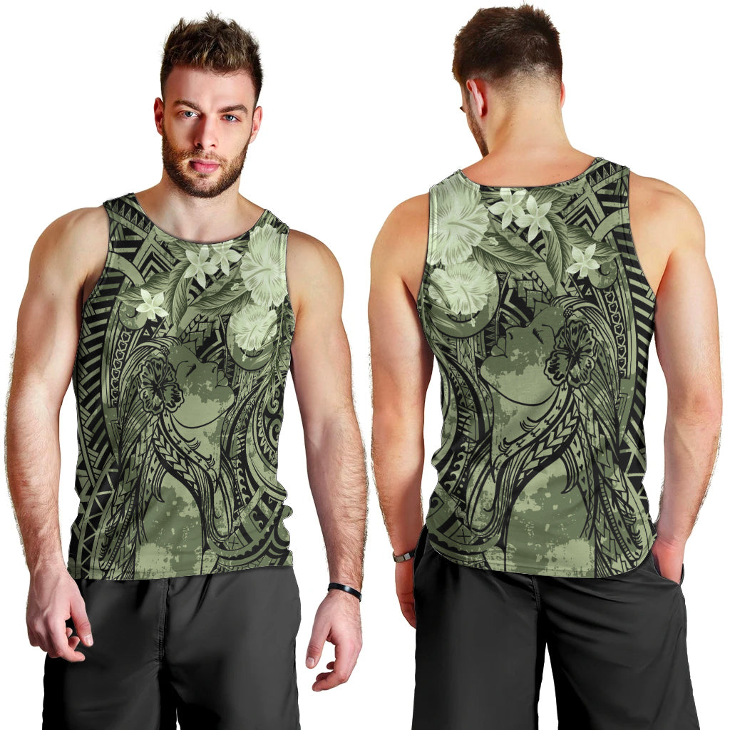 Pacific Beauty Girl Men Tank Top Green Polyneisan Tribal Vintage Motif LT9 - Polynesian Pride