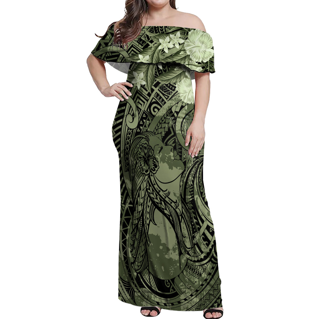 Pacific Beauty Girl Off Shoulder Maxi Dress Green Polyneisan Tribal Vintage Motif LT9 Women Green - Polynesian Pride