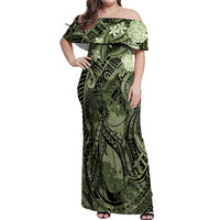 Pacific Beauty Girl Off Shoulder Maxi Dress Green Polyneisan Tribal Vintage Motif LT9 Women Green - Polynesian Pride