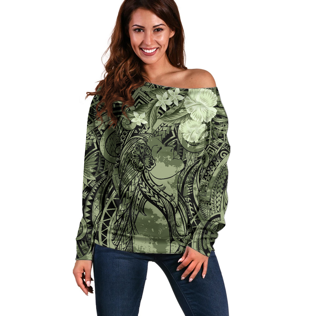Pacific Beauty Girl Off Shoulder Sweater Green Polyneisan Tribal Vintage Motif LT9 Women Green - Polynesian Pride