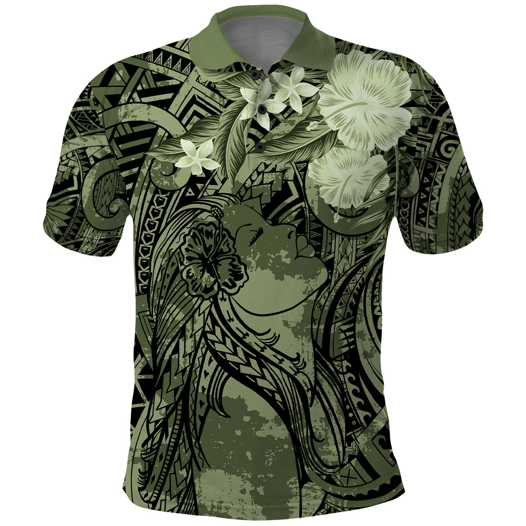Pacific Beauty Girl Polo Shirt Green Polyneisan Tribal Vintage Motif LT9 Green - Polynesian Pride