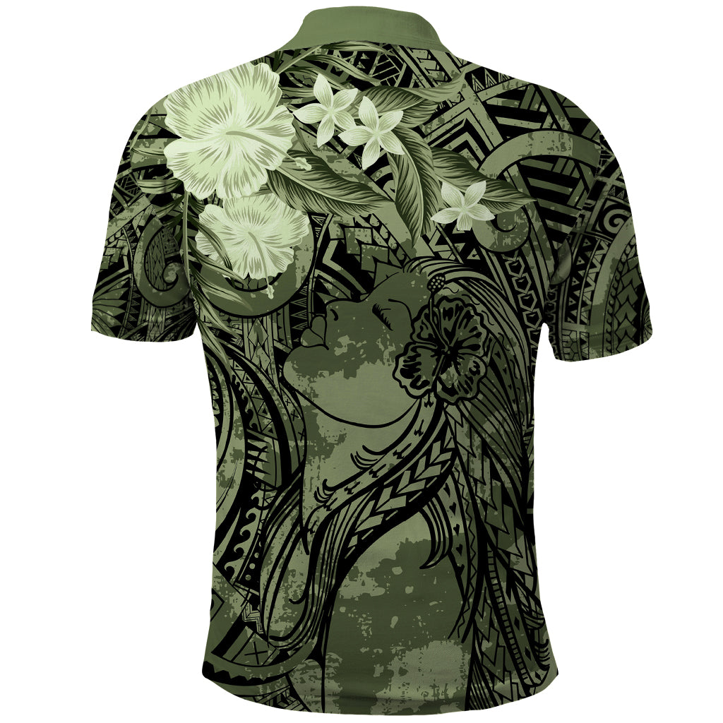 Pacific Beauty Girl Polo Shirt Green Polyneisan Tribal Vintage Motif LT9 - Polynesian Pride