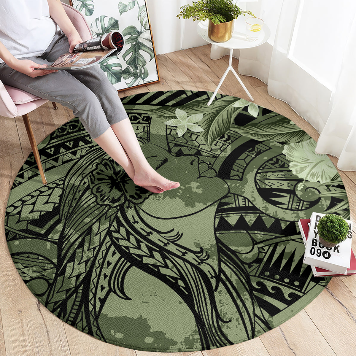 Pacific Beauty Girl Round Carpet Green Polyneisan Tribal Vintage Motif
