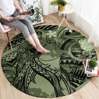 Pacific Beauty Girl Round Carpet Green Polyneisan Tribal Vintage Motif