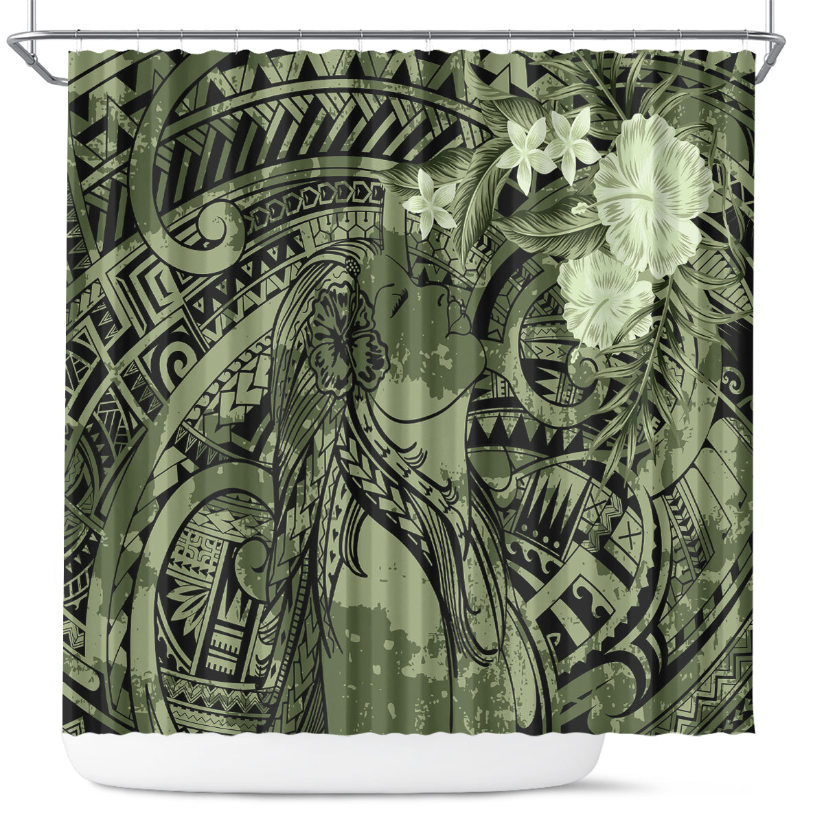 Pacific Beauty Girl Shower Curtain Green Polyneisan Tribal Vintage Motif LT9 Green - Polynesian Pride