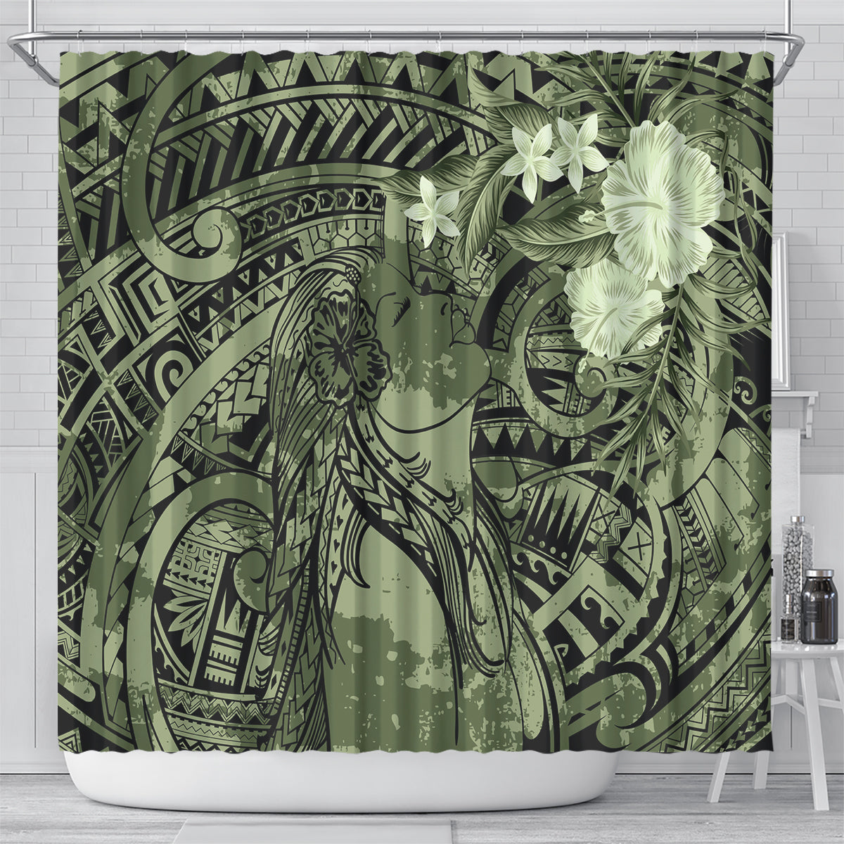 Pacific Beauty Girl Shower Curtain Green Polyneisan Tribal Vintage Motif LT9 - Polynesian Pride