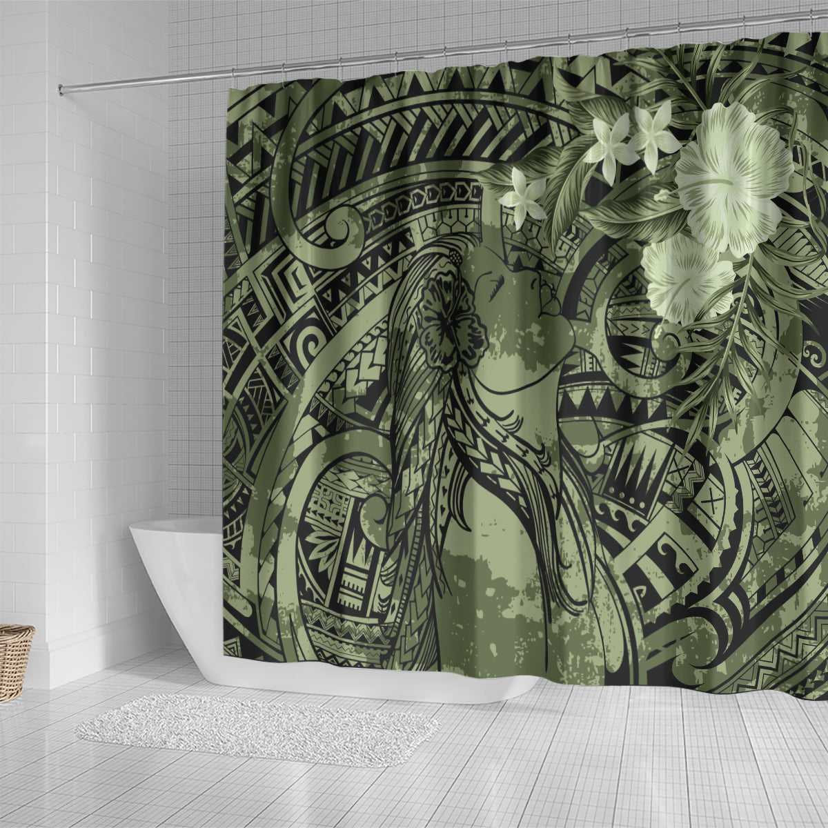 Pacific Beauty Girl Shower Curtain Green Polyneisan Tribal Vintage Motif LT9 - Polynesian Pride