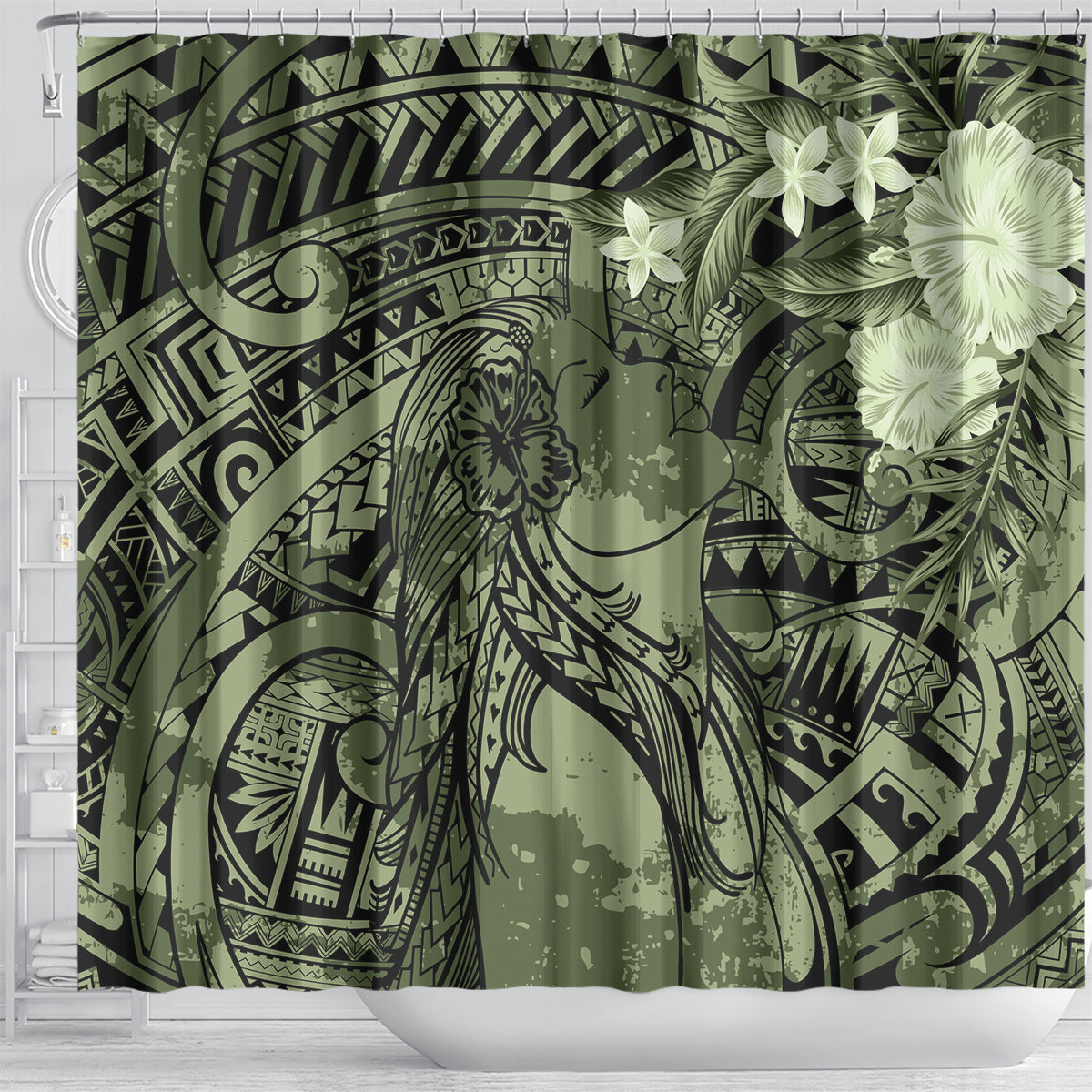 Pacific Beauty Girl Shower Curtain Green Polyneisan Tribal Vintage Motif LT9 - Polynesian Pride
