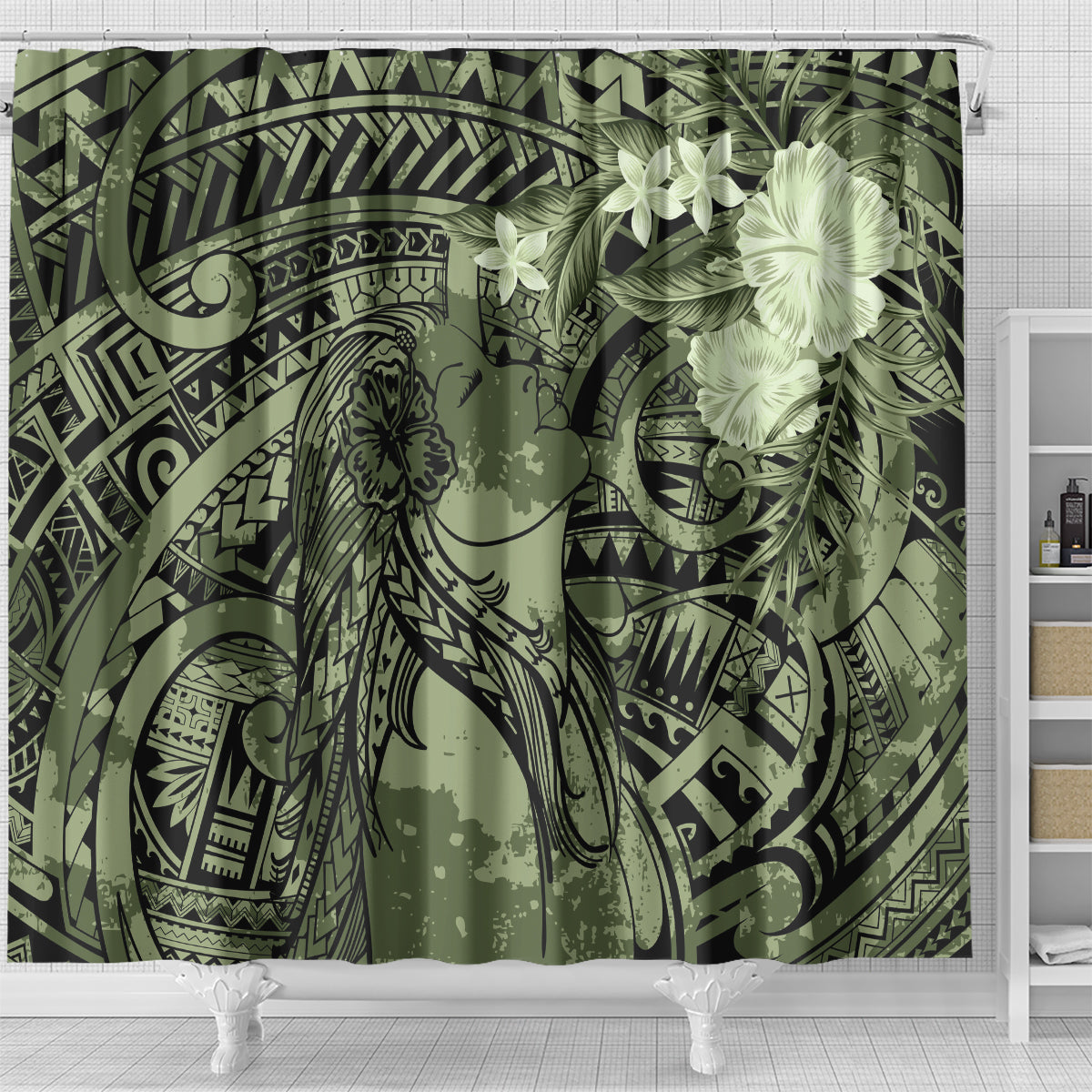 Pacific Beauty Girl Shower Curtain Green Polyneisan Tribal Vintage Motif LT9 - Polynesian Pride