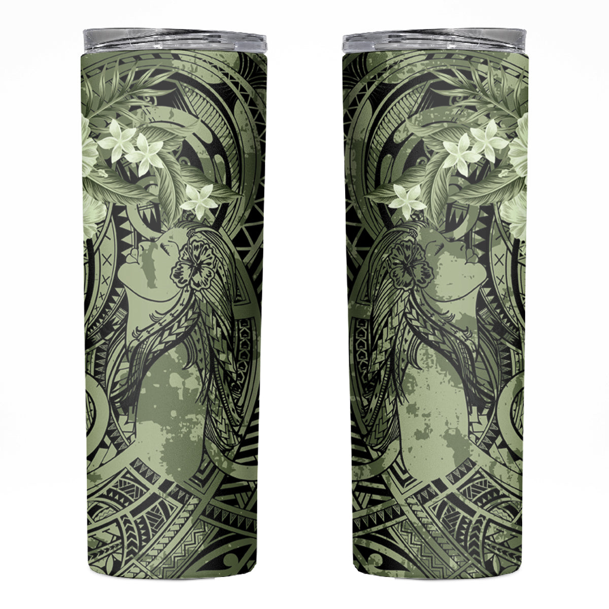 Pacific Beauty Girl Skinny Tumbler Green Polyneisan Tribal Vintage Motif LT9 Green - Polynesian Pride