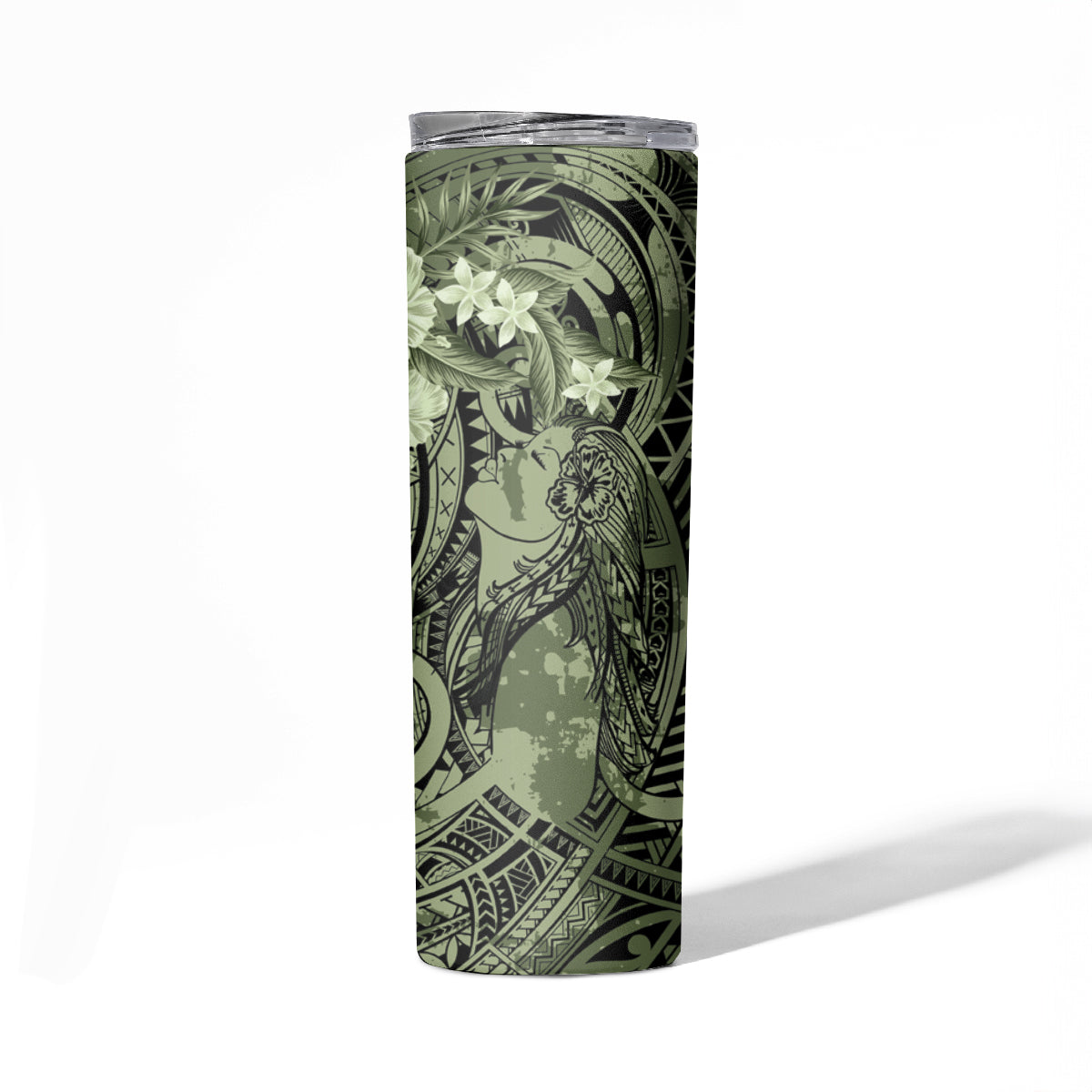 Pacific Beauty Girl Skinny Tumbler Green Polyneisan Tribal Vintage Motif LT9 - Polynesian Pride