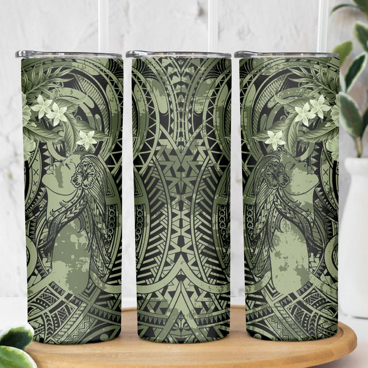 Pacific Beauty Girl Skinny Tumbler Green Polyneisan Tribal Vintage Motif LT9 - Polynesian Pride