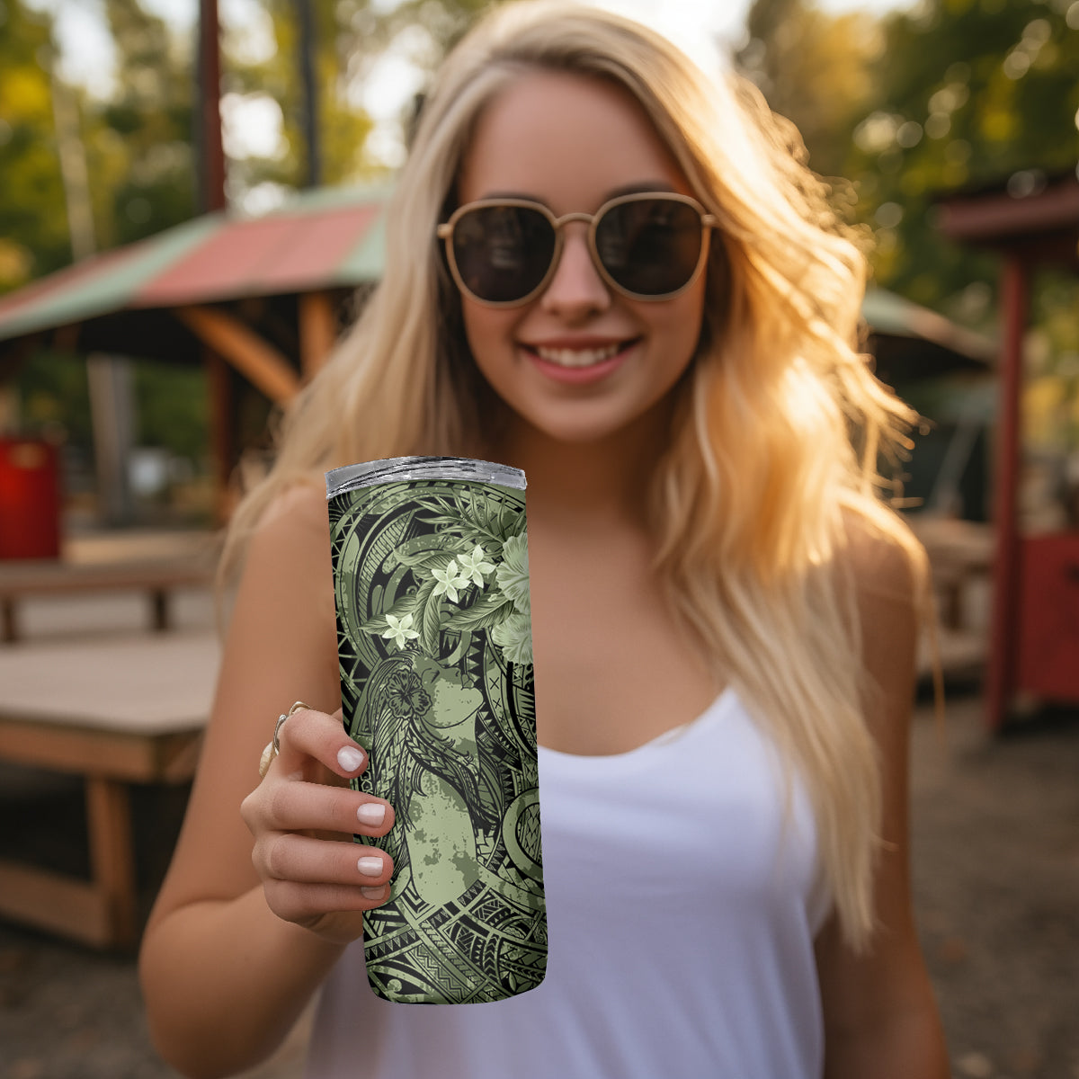 Pacific Beauty Girl Skinny Tumbler Green Polyneisan Tribal Vintage Motif LT9 - Polynesian Pride