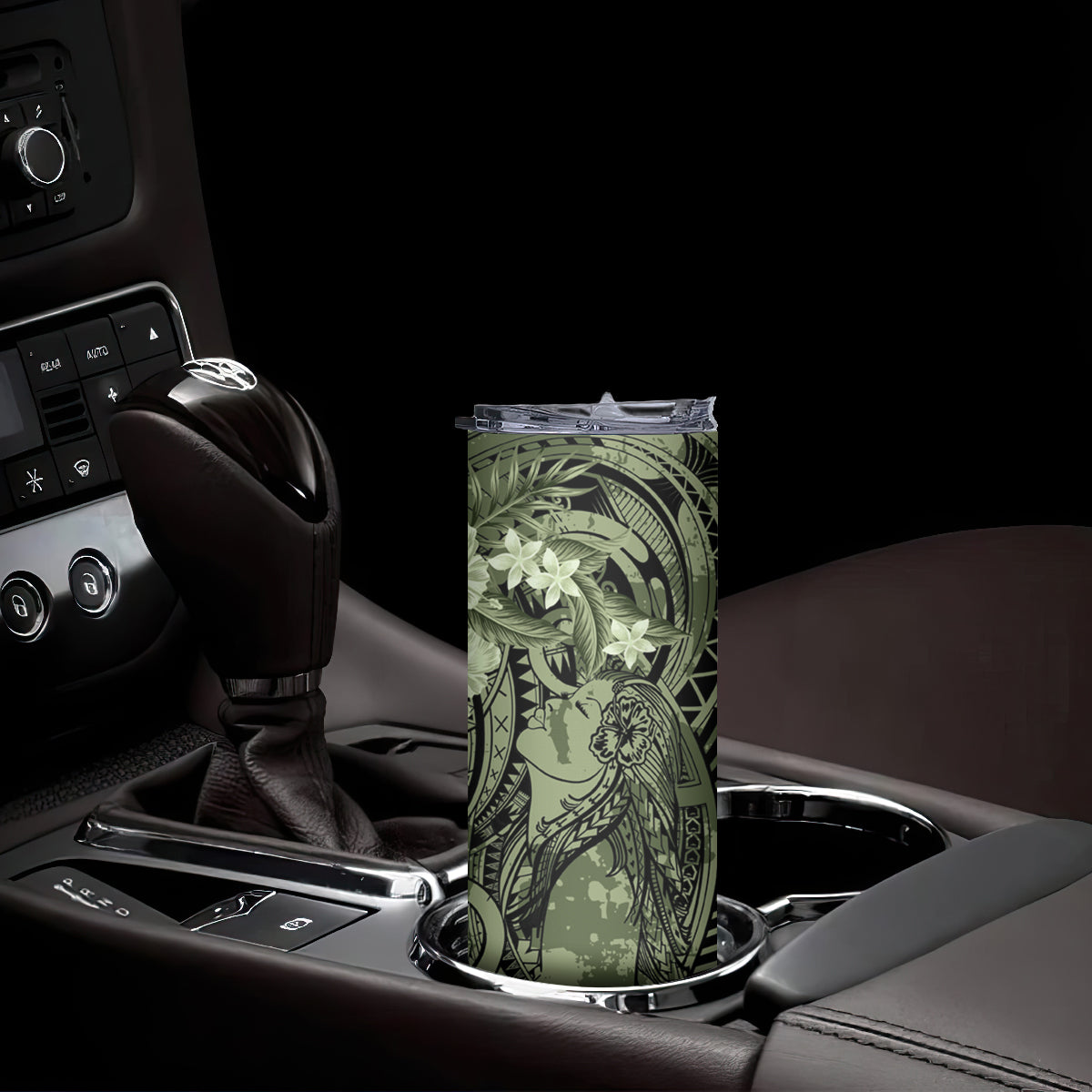 Pacific Beauty Girl Skinny Tumbler Green Polyneisan Tribal Vintage Motif LT9 - Polynesian Pride