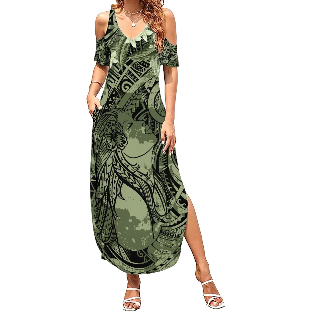 Pacific Beauty Girl Summer Maxi Dress Green Polyneisan Tribal Vintage Motif LT9 Women Green - Polynesian Pride