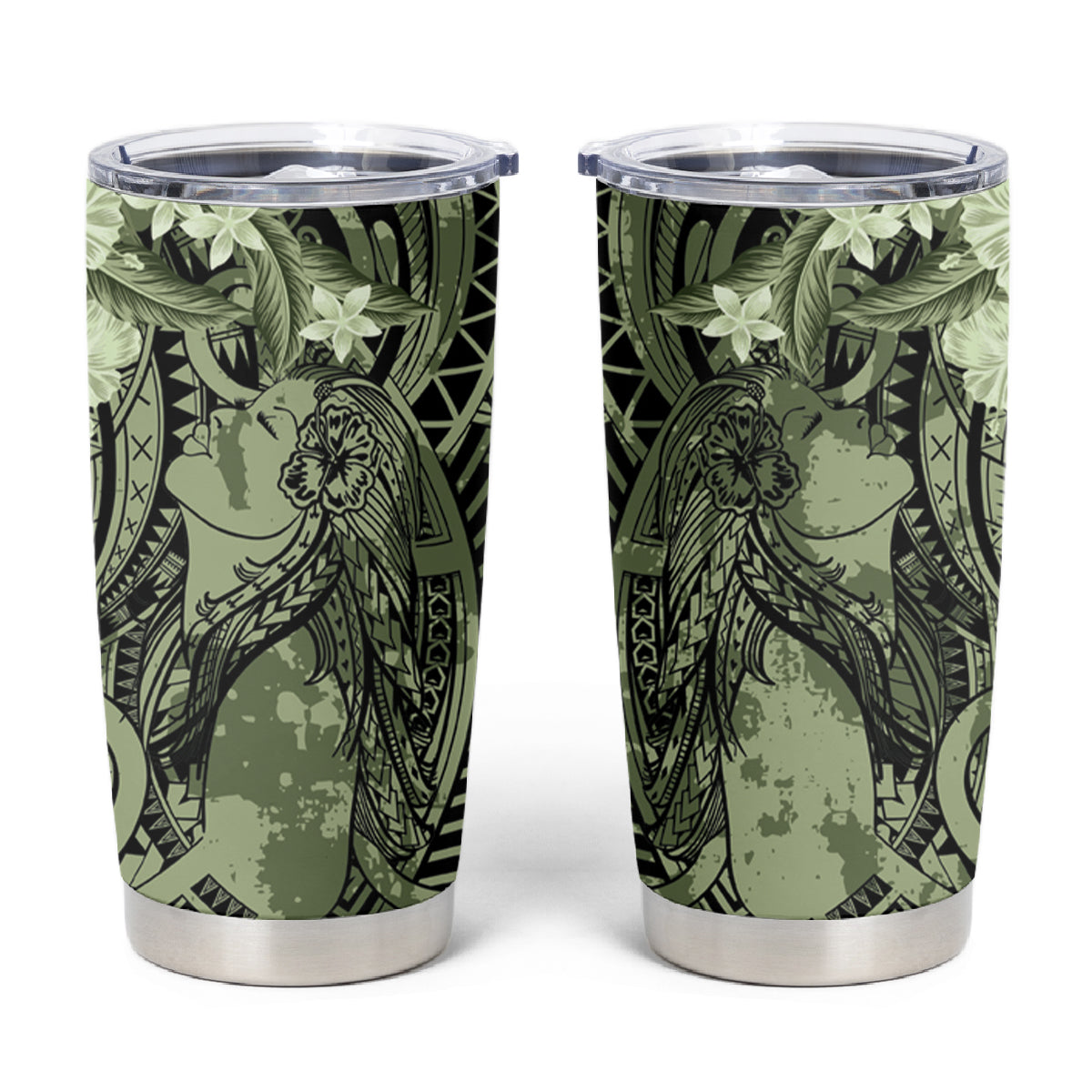 Pacific Beauty Girl Tumbler Cup Green Polyneisan Tribal Vintage Motif LT9 Green - Polynesian Pride