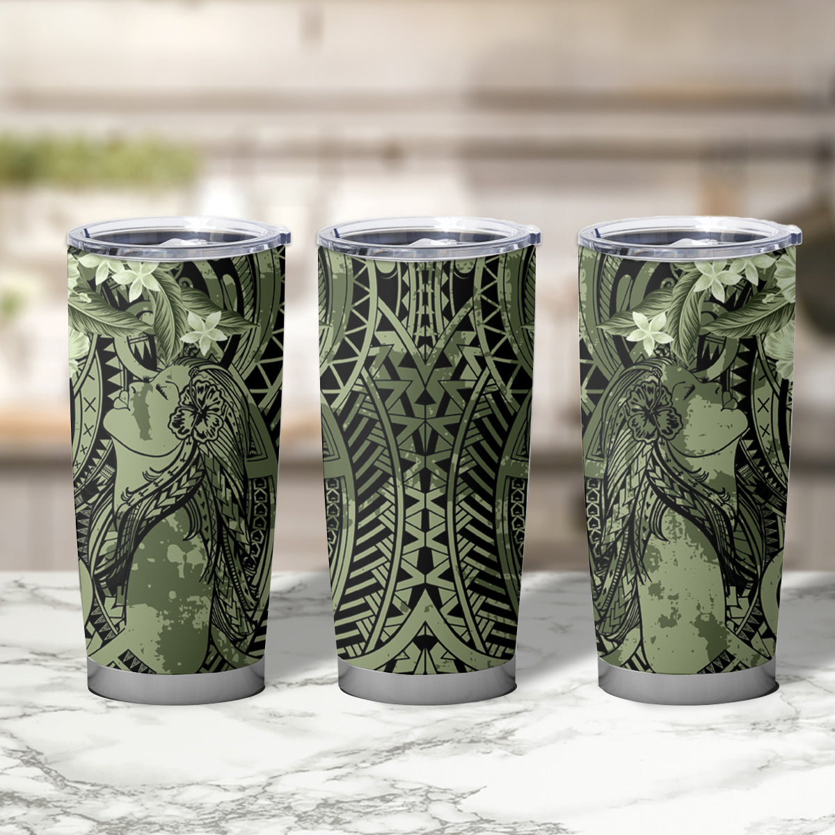 Pacific Beauty Girl Tumbler Cup Green Polyneisan Tribal Vintage Motif LT9 - Polynesian Pride