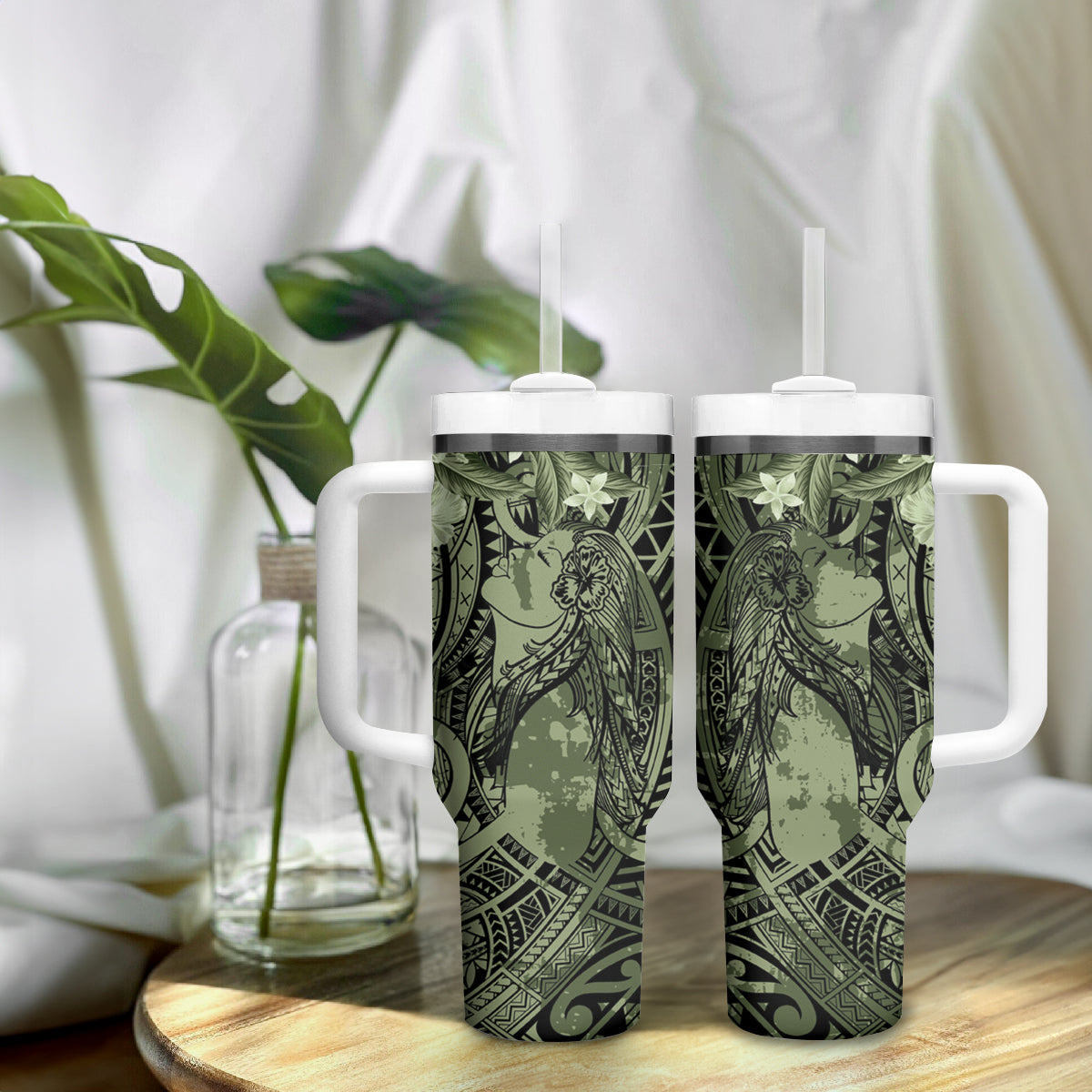 Pacific Beauty Girl Tumbler With Handle Green Polyneisan Tribal Vintage Motif LT9 - Polynesian Pride