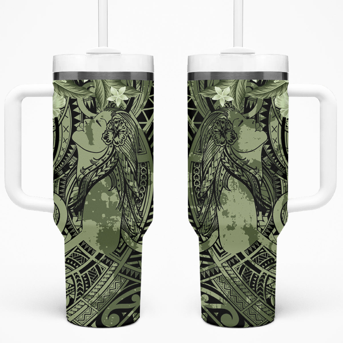 Pacific Beauty Girl Tumbler With Handle Green Polyneisan Tribal Vintage Motif LT9 One Size: 40 oz Green - Polynesian Pride