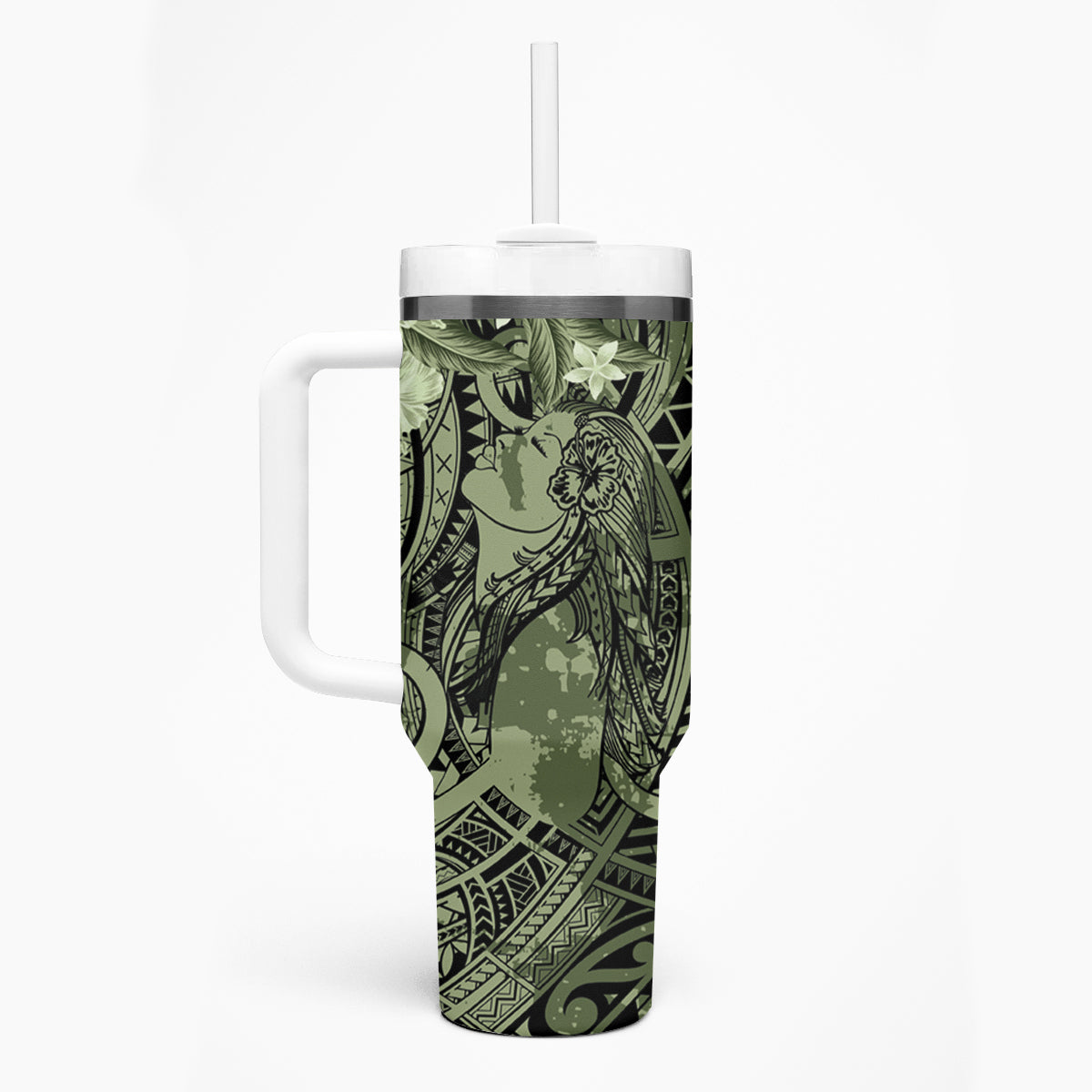 Pacific Beauty Girl Tumbler With Handle Green Polyneisan Tribal Vintage Motif LT9 - Polynesian Pride