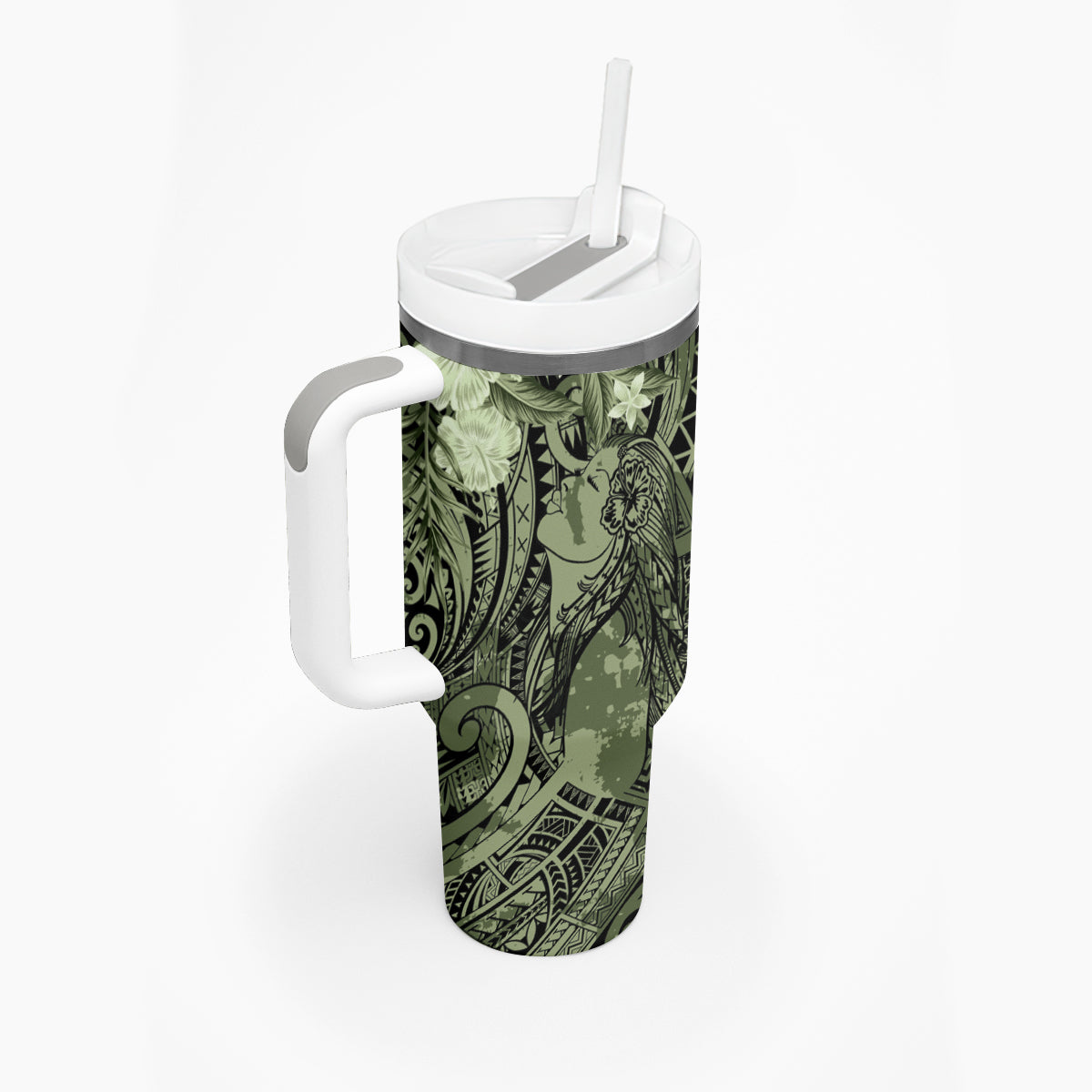 Pacific Beauty Girl Tumbler With Handle Green Polyneisan Tribal Vintage Motif LT9 - Polynesian Pride