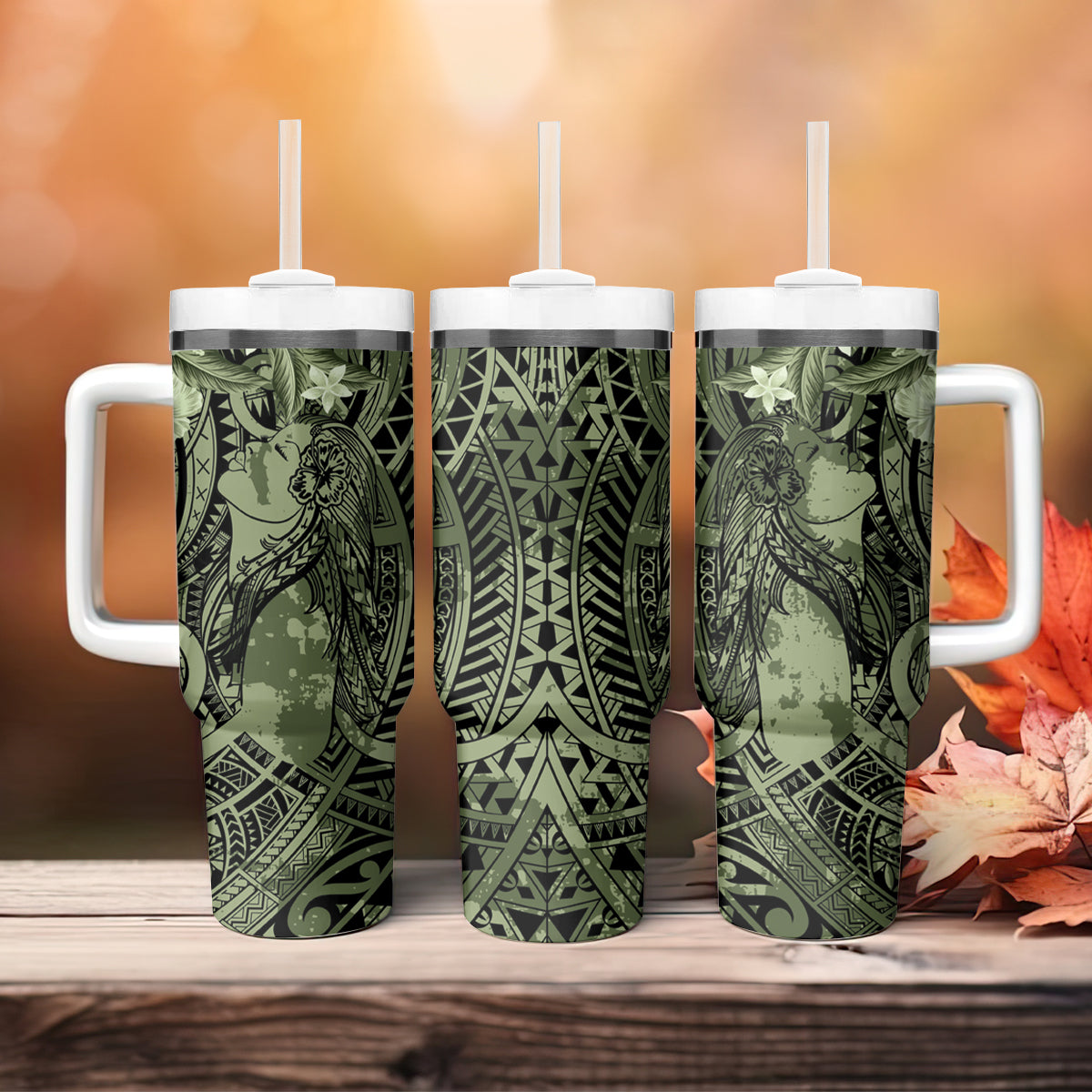 Pacific Beauty Girl Tumbler With Handle Green Polyneisan Tribal Vintage Motif LT9 - Polynesian Pride