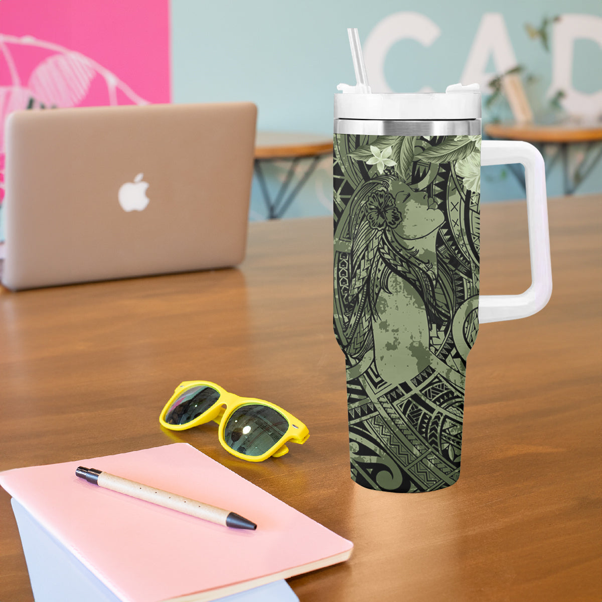 Pacific Beauty Girl Tumbler With Handle Green Polyneisan Tribal Vintage Motif LT9 - Polynesian Pride