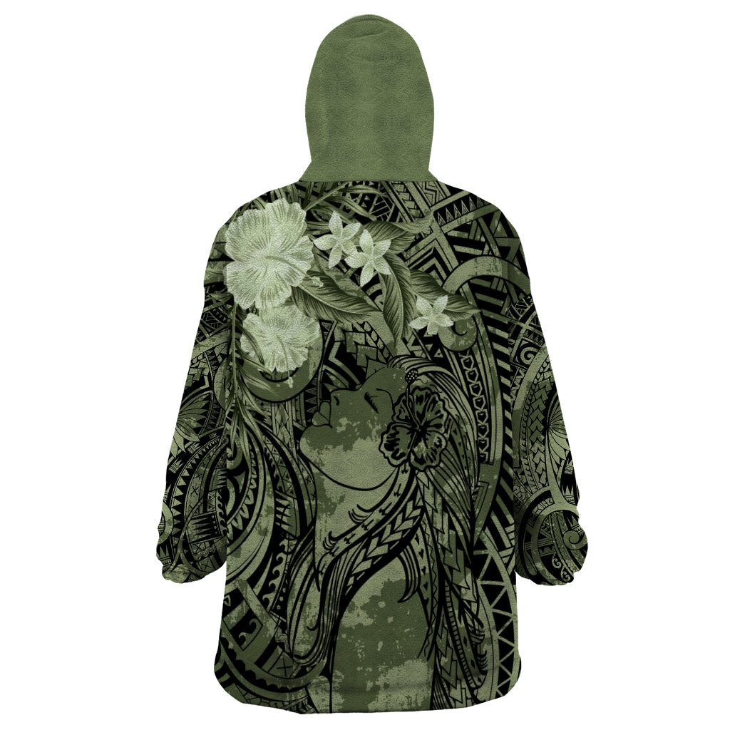 Pacific Beauty Girl Wearable Blanket Hoodie Green Polyneisan Tribal Vintage Motif LT9 - Polynesian Pride