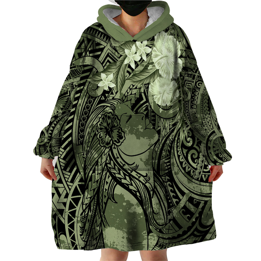 Pacific Beauty Girl Wearable Blanket Hoodie Green Polyneisan Tribal Vintage Motif LT9 - Polynesian Pride