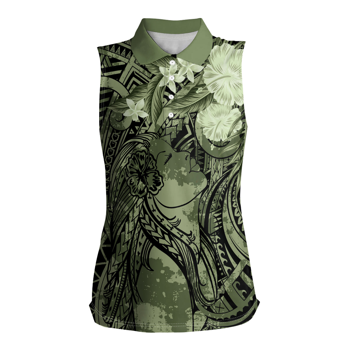 Pacific Beauty Girl Women Sleeveless Polo Shirt Green Polyneisan Tribal Vintage Motif LT9 Female Green - Polynesian Pride