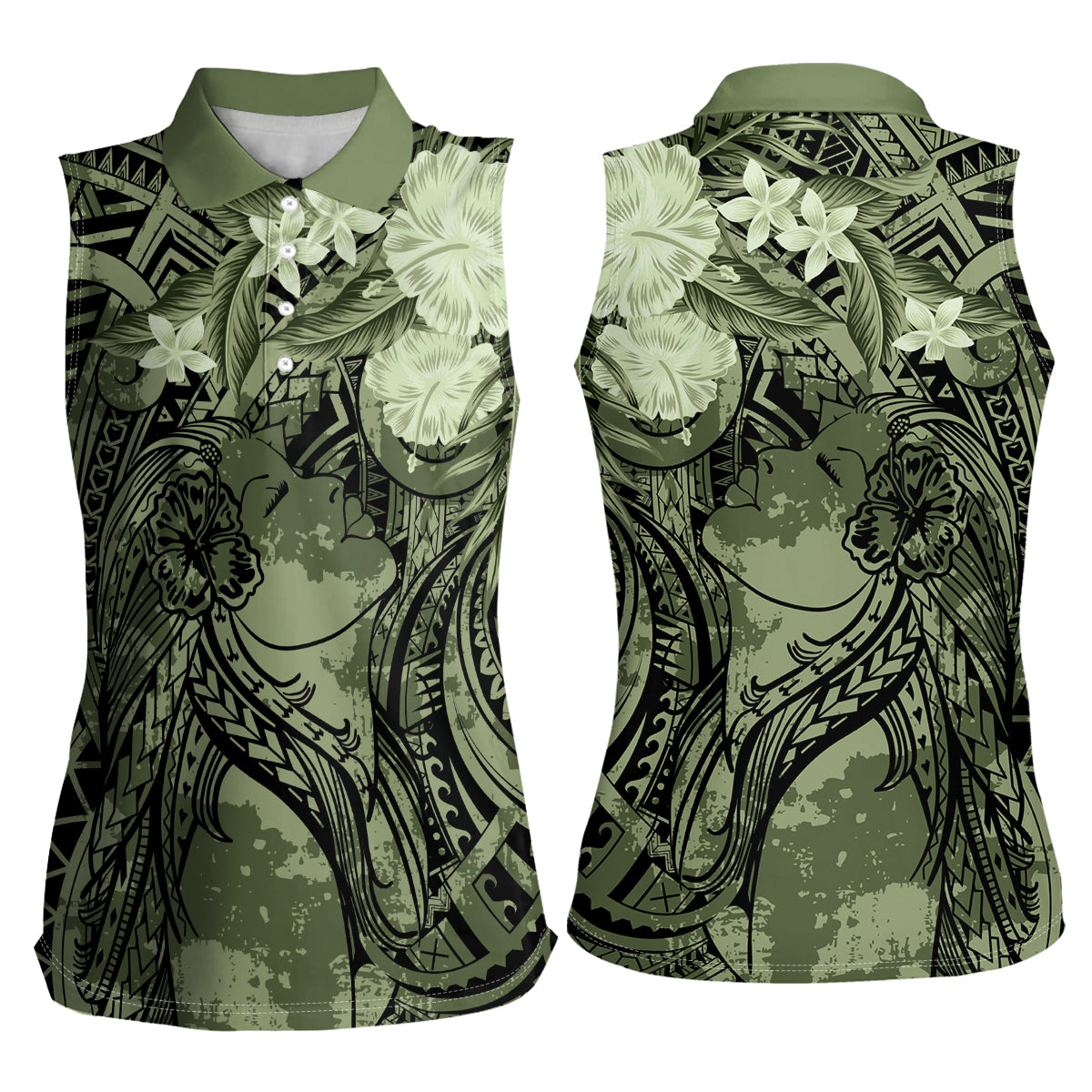 Pacific Beauty Girl Women Sleeveless Polo Shirt Green Polyneisan Tribal Vintage Motif LT9 - Polynesian Pride