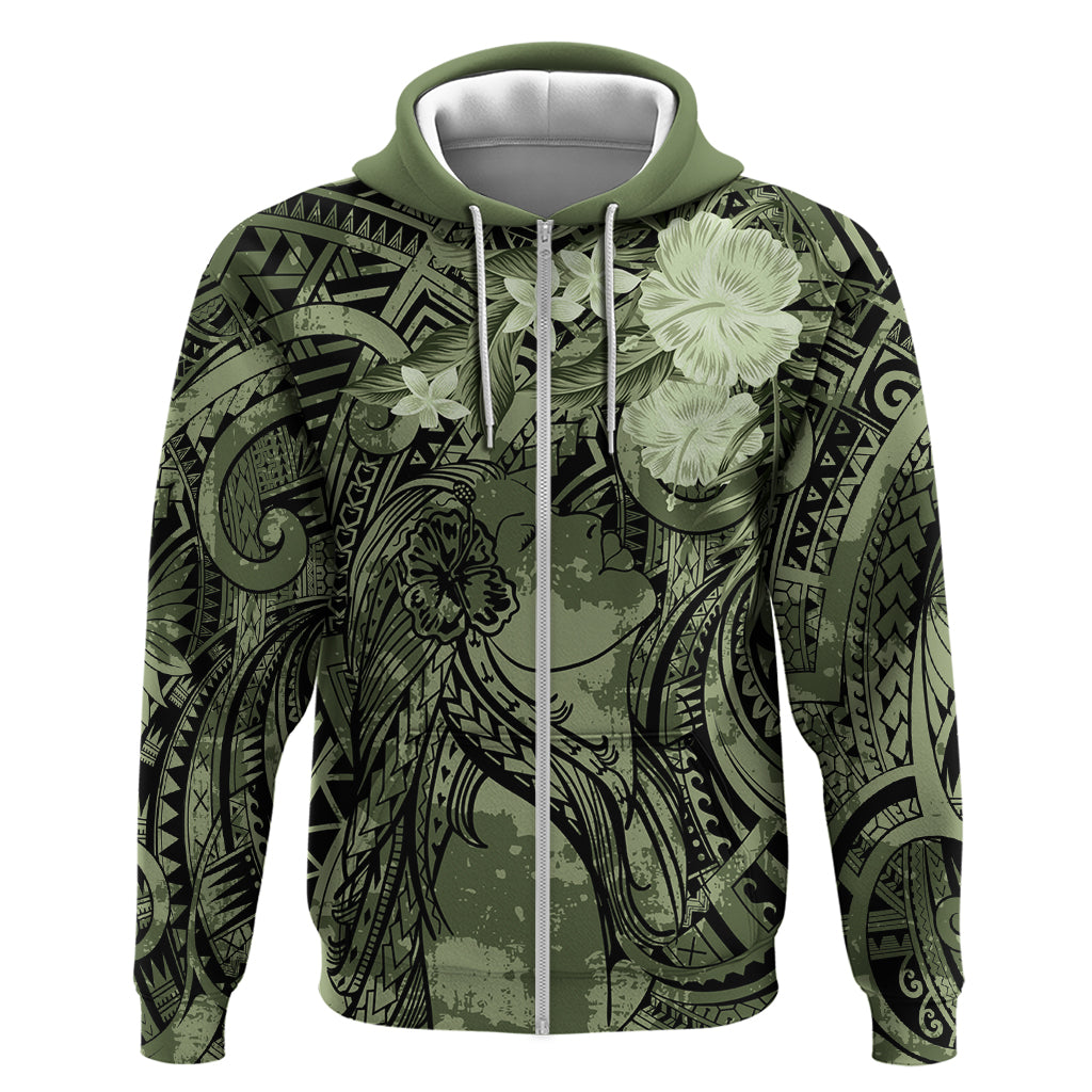 Pacific Beauty Girl Zip Hoodie Green Polyneisan Tribal Vintage Motif LT9 Zip Hoodie Green - Polynesian Pride
