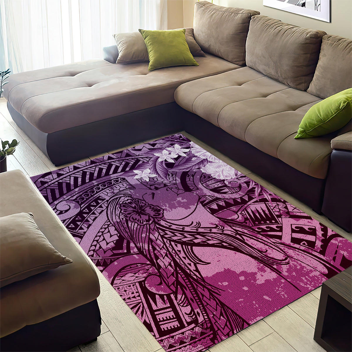 Pacific Beauty Girl Area Rug Pink Polyneisan Tribal Vintage Motif