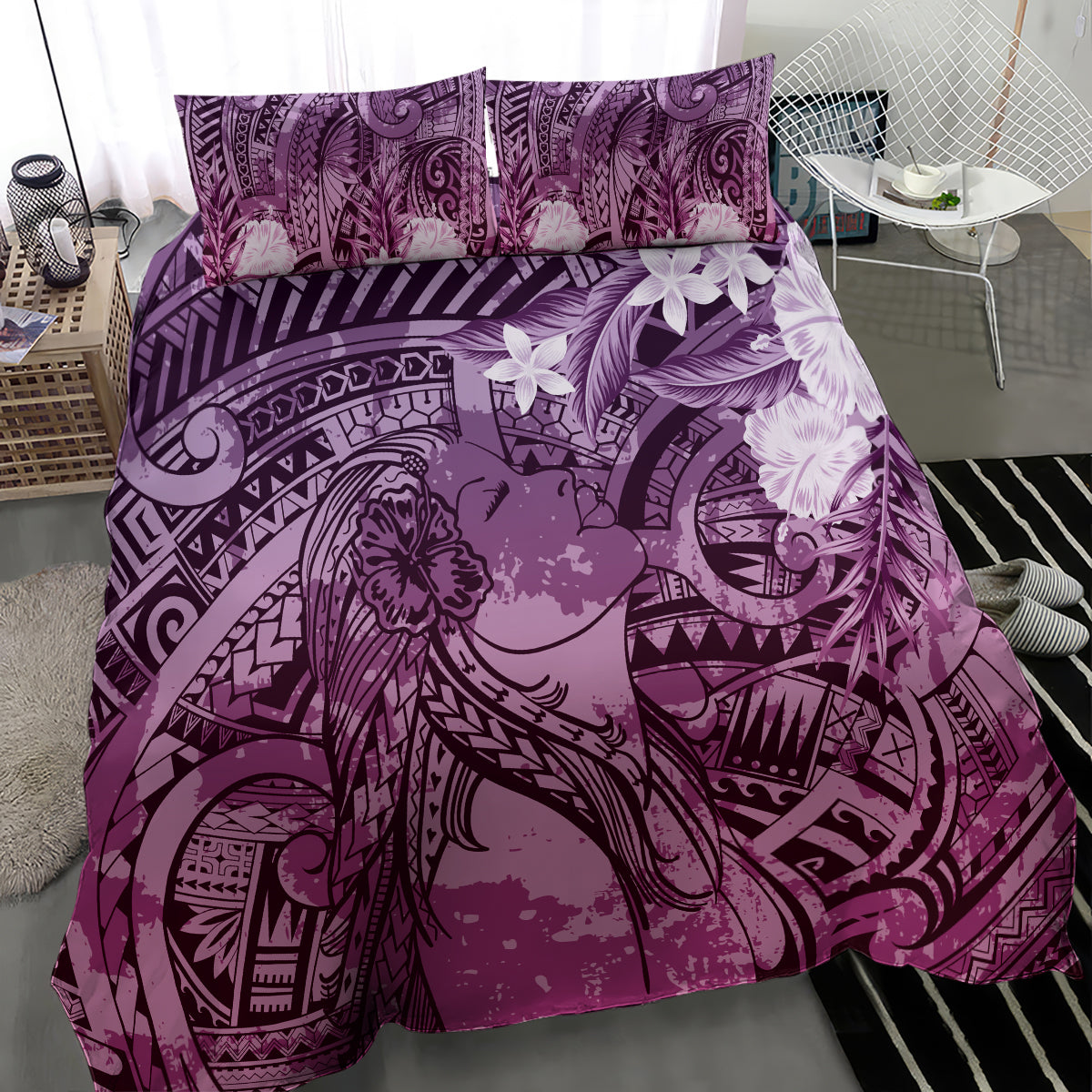 Pacific Beauty Girl Bedding Set Pink Polyneisan Tribal Vintage Motif