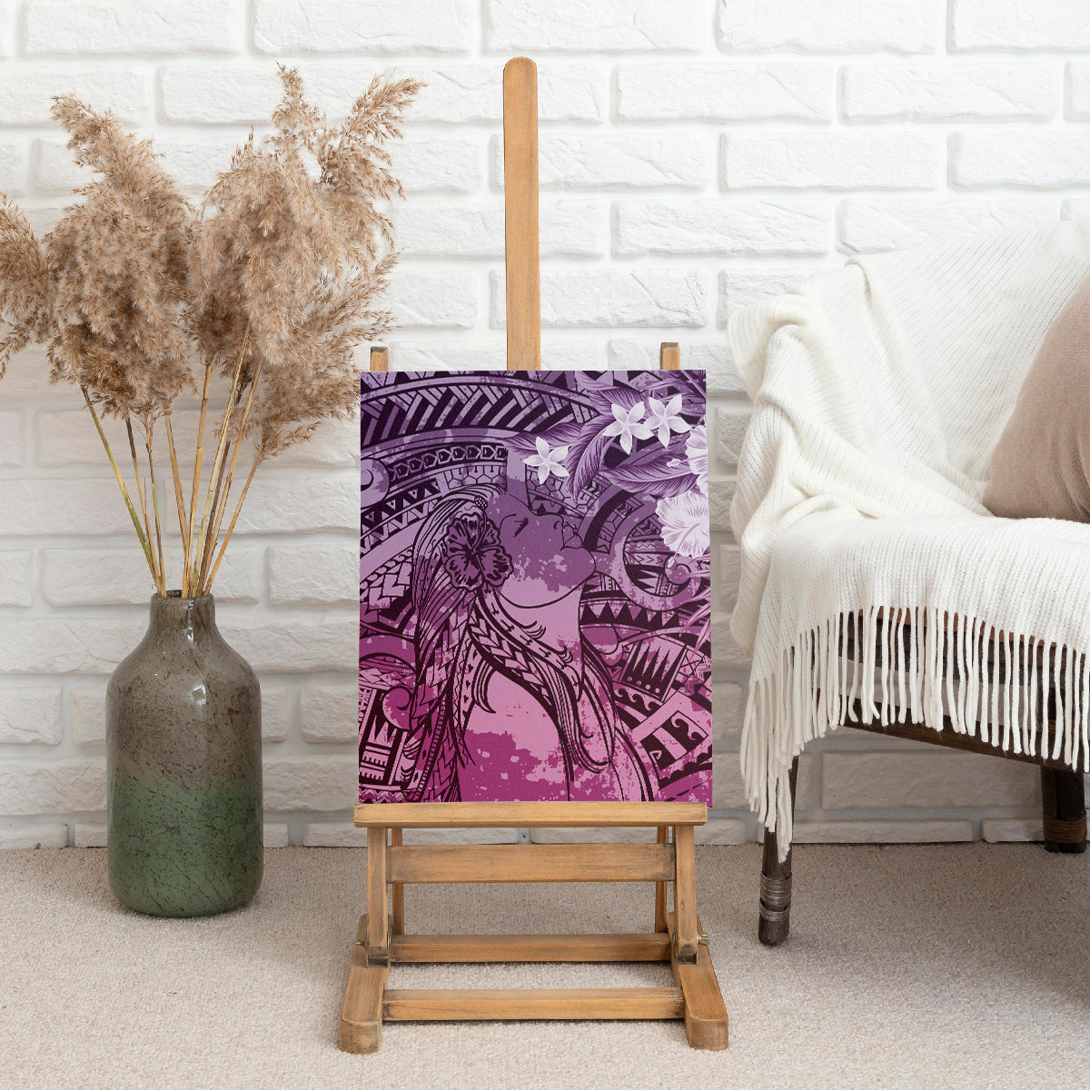 Pacific Beauty Girl Canvas Wall Art Pink Polyneisan Tribal Vintage Motif