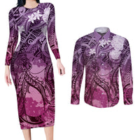 Pacific Beauty Girl Couples Matching Long Sleeve Bodycon Dress and Long Sleeve Button Shirt Pink Polyneisan Tribal Vintage Motif LT9 Pink - Polynesian Pride