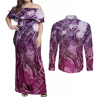 Pacific Beauty Girl Couples Matching Off Shoulder Maxi Dress and Long Sleeve Button Shirt Pink Polyneisan Tribal Vintage Motif LT9 Pink - Polynesian Pride
