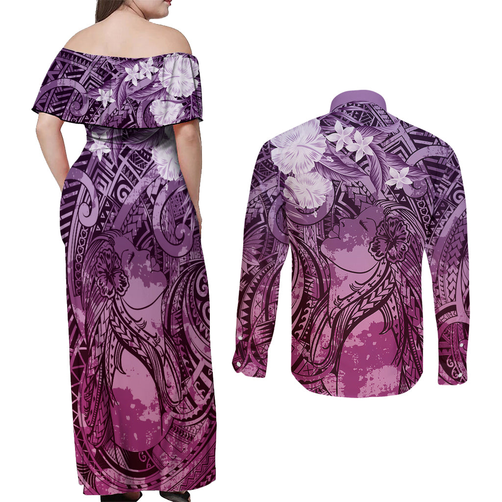 Pacific Beauty Girl Couples Matching Off Shoulder Maxi Dress and Long Sleeve Button Shirt Pink Polyneisan Tribal Vintage Motif LT9 - Polynesian Pride